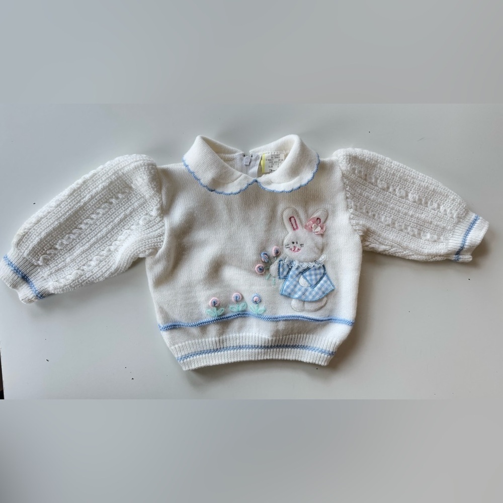 Vintage 80s Embroidered Knit Sweater Bunny Rabbit Size 3-6 Months